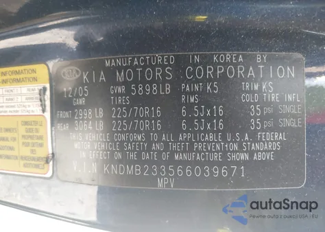 2006 Kia Sedona Ex/Lx from USA, damaged, VIN KNDMB233566039671